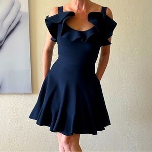 Alexander McQueen NAVY ruffle cold Shoulder Dress S $1,450 NEW